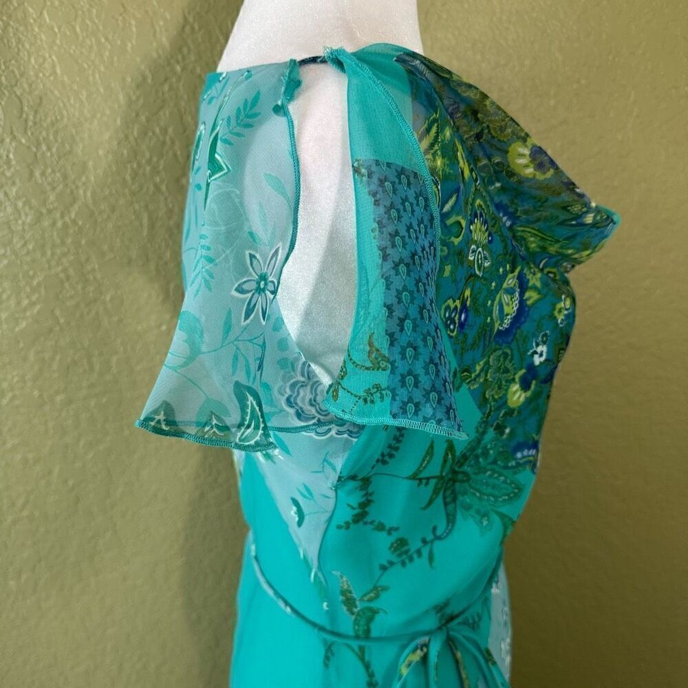 Y2K CDC Women's 6 Flutter Sleeve Wrap Maxi Dress Blue Green Patchwork Paisley - Picture 4 of 10
